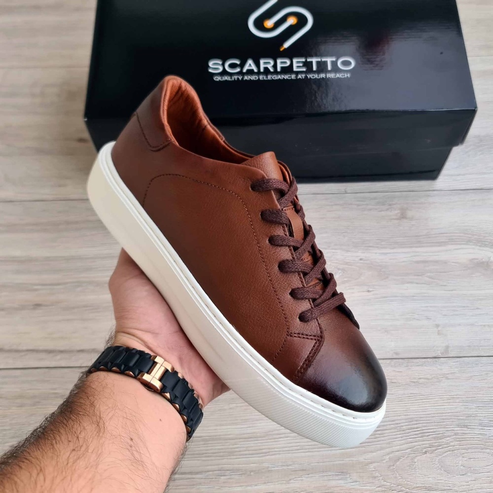 Brown Genuine Leather Sneakers | High Sole